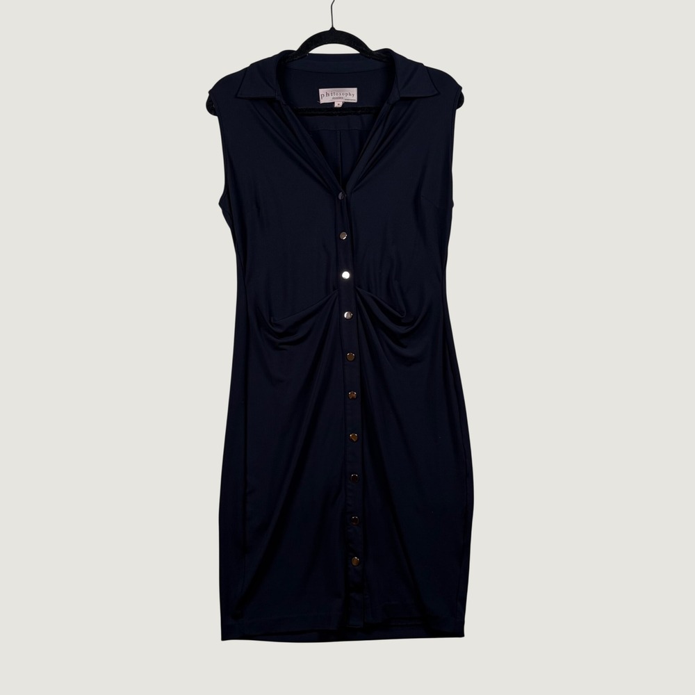 Philosophy Shirt Dress Womens Ruched Button Front Sleeveless M Navy Blue Office